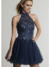 Navy Blue Tulle Beaded High Neck Backless Knee Length Prom Dress